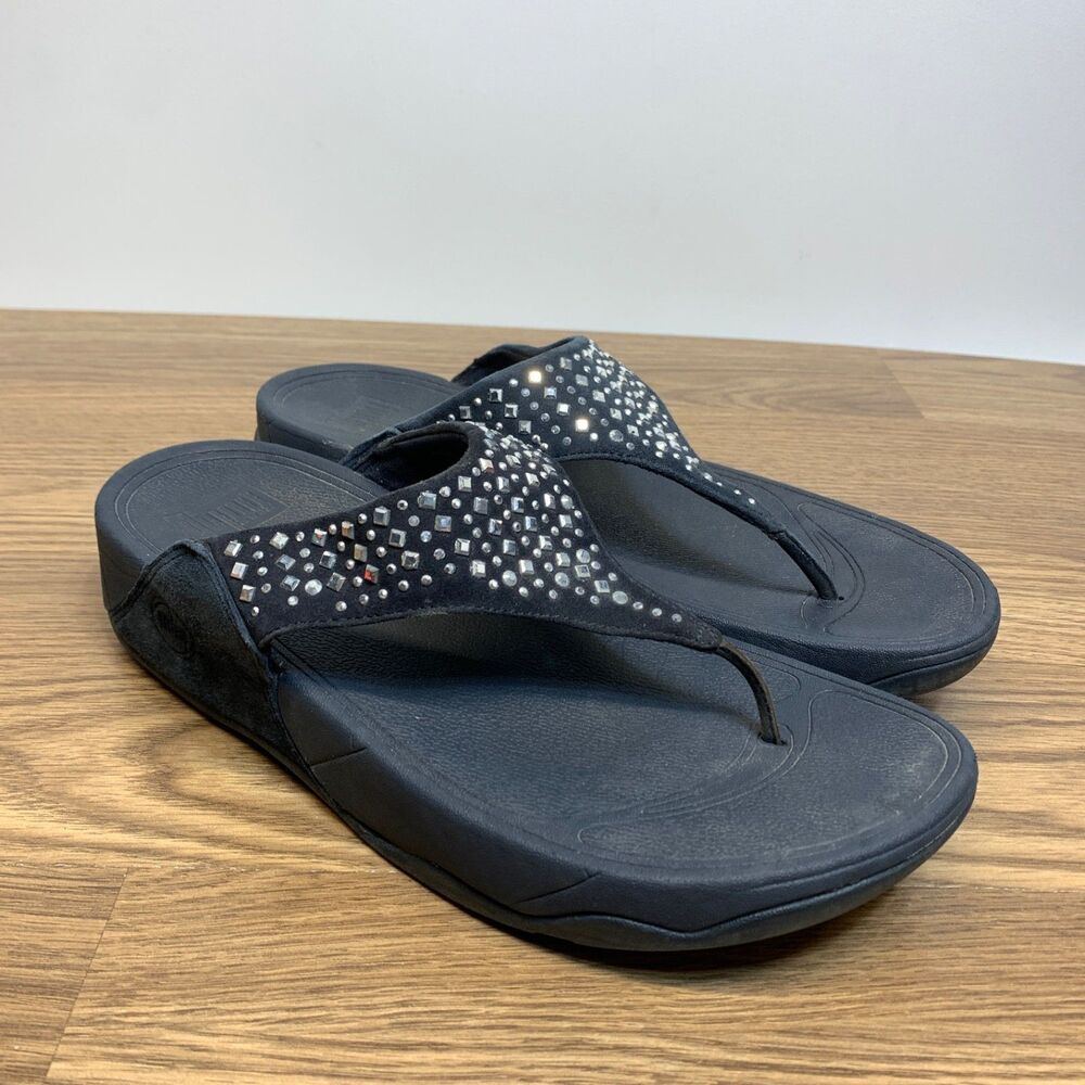 FitFlop Silver Mirrored Studs Sandals Blue Navy Thong Suede Size 9